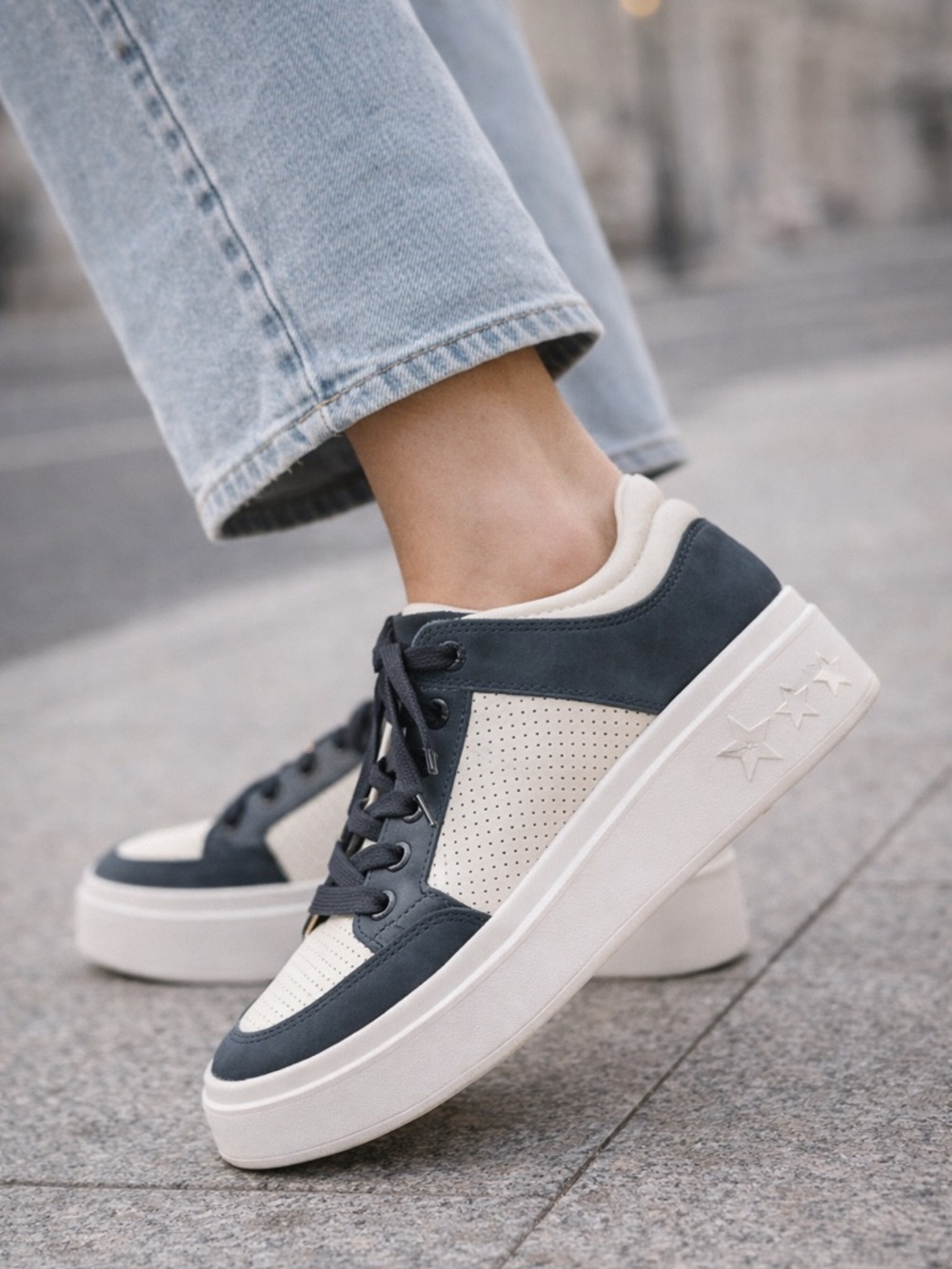 J/Slides NYC Platform Sneakers Leather Navy White Star Sole Size 8 NEW